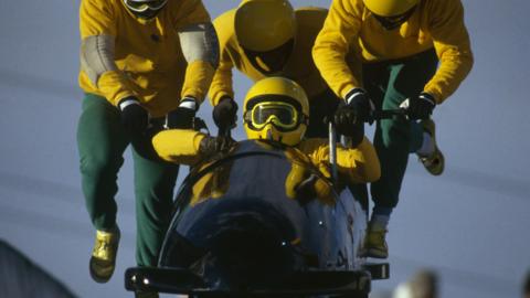 Picture of the 1988 Jamaica bobsleigh team in action
