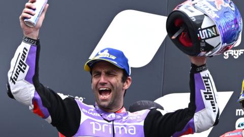 Johann Zarco celebrates winning MotoGP in the Australian