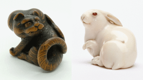 Netsuke: Male tiger and Hare with amber eyes