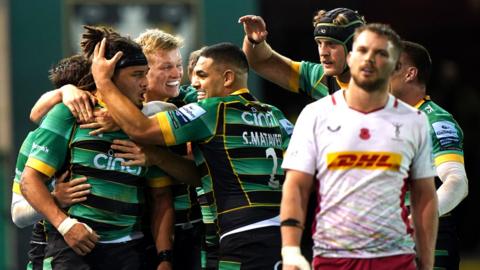 Lewis Ludlam celebrates his try in Northampton's win over Harlequins