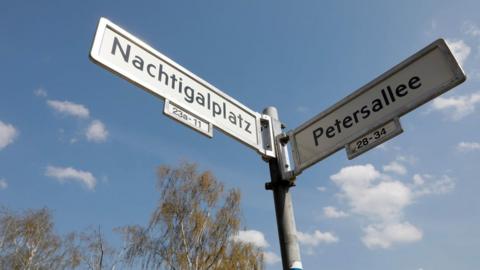 View taken on April 12, 2018 shows the plates with the street names "Petersallee" and "Nachtigalplatz" in the so-called African Quarter in the northwest of Berlin.