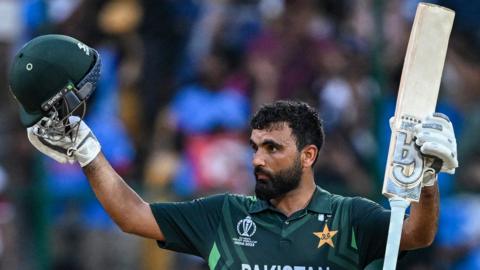 Pakistan batter Fakhar Zaman celebrates his century v New Zealand