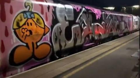 A 12-carriage Thameslink train is "trashed" by "thugs" who covered it in graffiti, a passenger says.