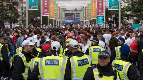 Police officers on duty outside Wembley before the Euro 2020 final between England and Italy