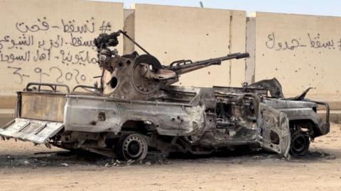 A destroyed military vehicle
