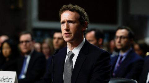 Meta's CEO Mark Zuckerberg reacts as he testifies during the Senate Judiciary Committee hearing on online child sexual exploitation at the U.S. Capitol in Washington, U.S., January 31, 2024.