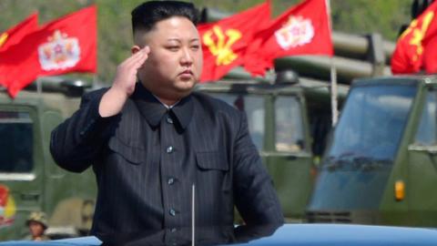 North Korea's leader Kim Jong Un watches a military drill marking the 85th anniversary of the establishment of the Korean People's Army on 26 April