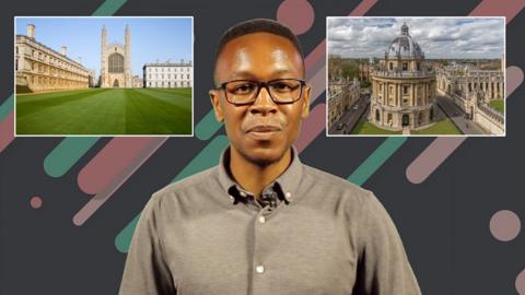 Theo Chikomba with pictures of Oxford and Cambridge
