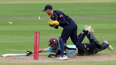 Jamie Overton of Surrey is run out