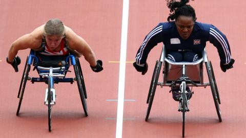 Anne Wafula-Strike (right) racing at the London Stadium