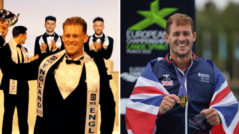 Jack Eyers on the catwalk, holding his Mr England title in 2017 (left), and after winning European gold in 2022