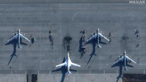 A satellite image shows strategic bomber aircraft at Russia's airfield in the Saratov region that was reportedly attacked on Monday