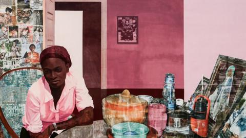 Artwork of woman sitting at table