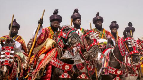 Horsemen participating in Nigeria's Zazzau Emirates Eid events, Kaduna, Nigeria - Wednesday 10 April 2024