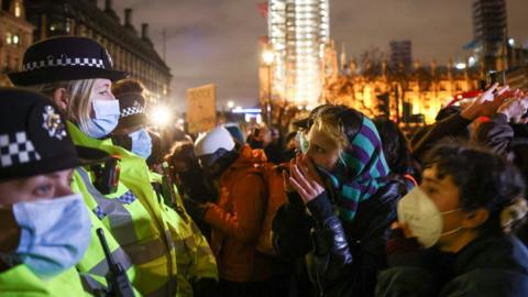 Police arrested four people and handed out two fines during a protest in Parliament Square following the killing of Sarah Everard