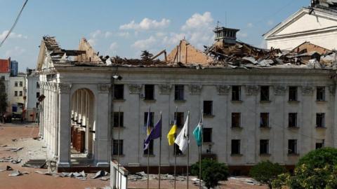 A damaged theatre in Chernihiv, Ukraine