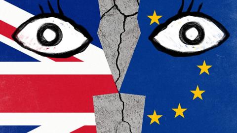 Drawings of two eyes over European Union and UK flags