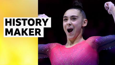 Jessica Gadirova celebrates at Gymnastics World Championships