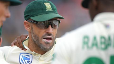 Former South Africa captain Faf du Plessis talking to his team before a Test match