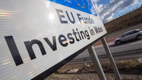 EU funding sign near Ebbw Vales, Blaenau Gwent