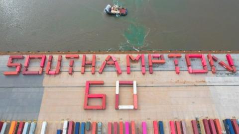 containers organised to spell "southampton 60"