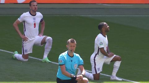 England's players take the knee before the Euro 2020 game with Croatia at Wembley