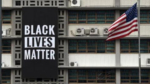 BLM banner on building