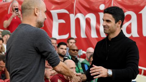 Pep Guardiola and Mikel Arteta shake hands before the Premier League match at Emirates Stadium in October 2023