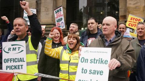 RMT general secretary Mick Lynch joins the picket line outside Newcastle Central station during a strike by members of the RMT union in july