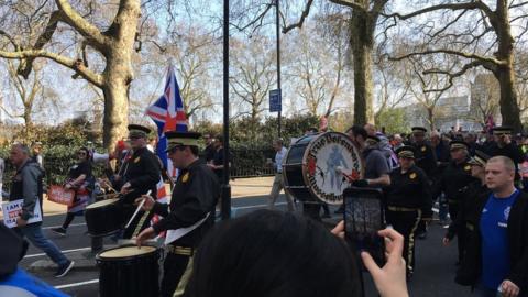 Two Scottish bands marched around Westminster in support of Brexit