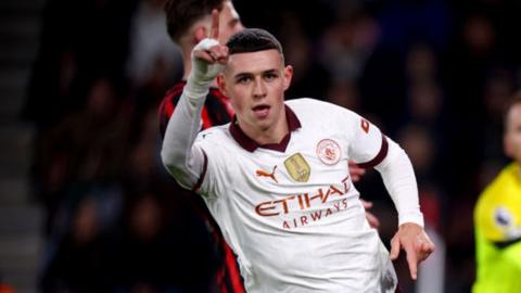 Phil Foden celebrates scoring for Manchester City against Bournemouth in the Premier League