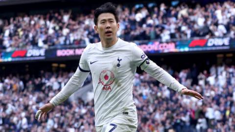 Son Heung-min celebrates after scoring for Tottenham against Luton in the Premier League