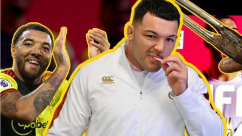 Ellis Genge with Troy Deeney and a sausage