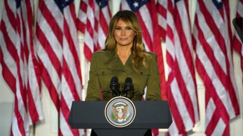 Melania Trump speaks from the White House Rose Garden