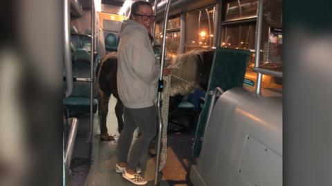 A horse and Harley Stephens on a bus