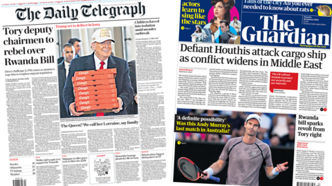 The headline in the Telegraph reads, "Tory deputy chairmen to rebel over Rwanda Bill", while the headline in the Guardian reads, "Defiant Houthi attacks cargo ship as conflict widens in Middle East".