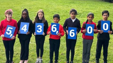 School children in Edinburgh hold up numbers to illustrate Scotland's new total population
