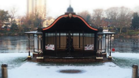 A snowy bandstand at Walsall Arboretum