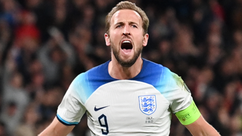 Harry Kane celebrates scoring for England against Italy