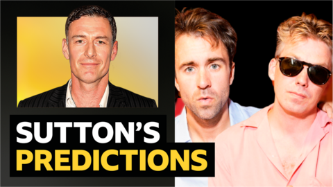 Chris Sutton, his predictions graphic and Justin and Arni from The Vaccines