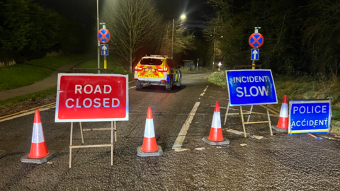Road closure signs after the A27 crash