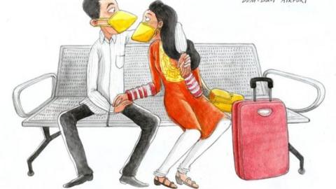 Masked lovers at an airport