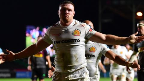 Sam Simmonds celebrates Exeter's first try at Harlequins