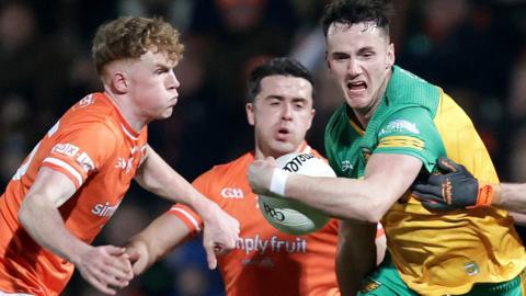 Armagh's Conor Turbitt and Stefan Campbell battle with Donegal's Jason McGee in last year's Division One game at the Athletic Grounds