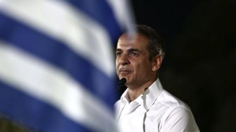 Kyriakos Mitsotakis, speaks during a pre-election rally on 4 July