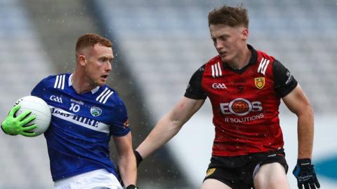 Action from Down against Laois in the Tailteann Cup semi-final.