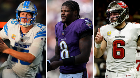 Quarterbacks Jared Goff of the Detroit Lions, Lamar Jackson of the Baltimore Ravens and Baker Mayfield of the Tampa Bay Buccaneers