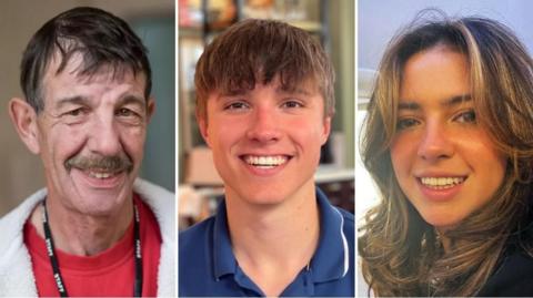 Ian Coates smiles at the camera while wearing a red top and grey jacket. He has short light brown hair. Barnaby Webber smiles and has short brown hair and is wearing a blue polo shirt, while Grace O'Malley-Kumar smiles. She has long, wavy brown hair.
