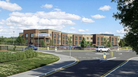 An artist's impression of a care home with a white car in front