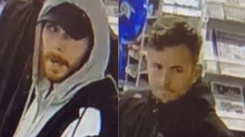 CCTC screenshots of two men - one with a baseball cap on and hoodie and the other with a dark jacket 